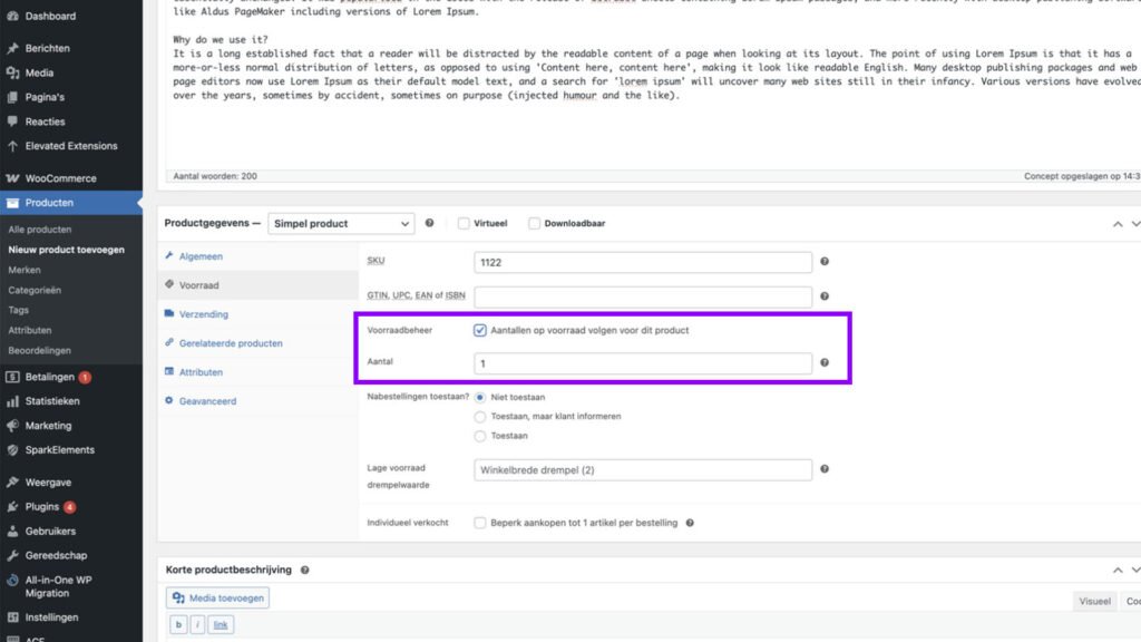 WooCommerce product toevoegen (simple product)- Voorraad beheren