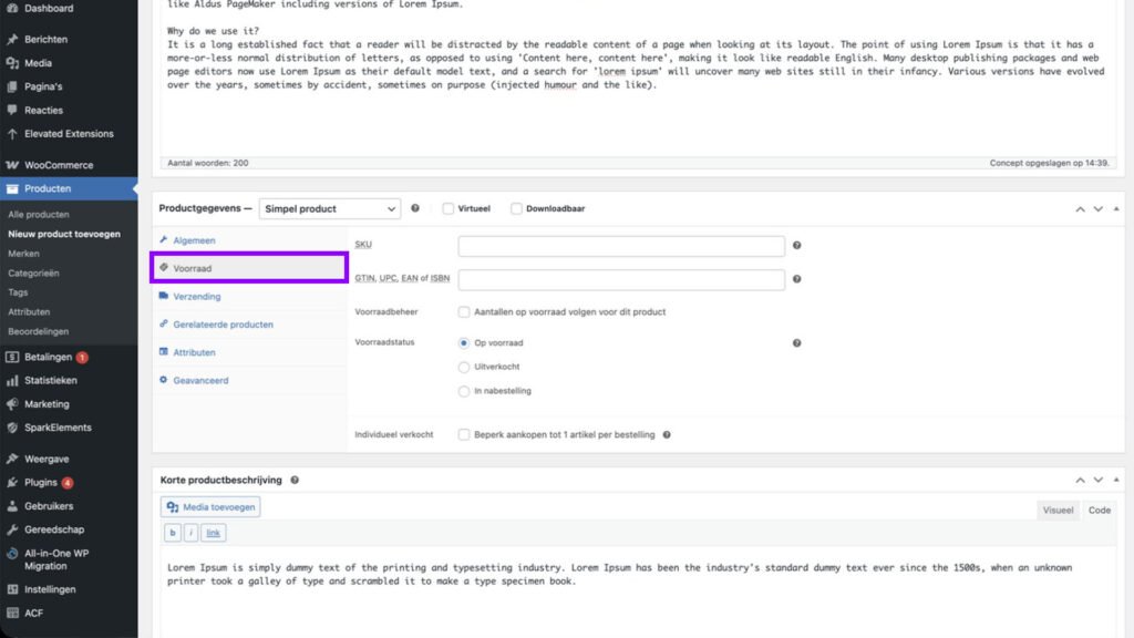 WooCommerce product toevoegen (simple product)- Voorraad